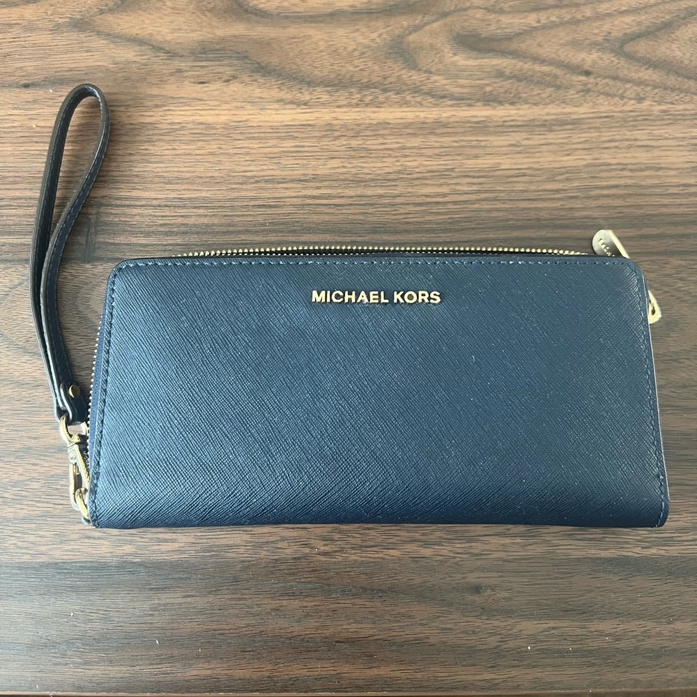 Michael Kors Dark Blue Wristlet with Gold Details